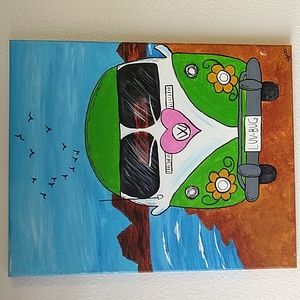 Large Original Art Painting VW Bus Hippy Beach Scene Acrylic on Canvas 16x19.5"